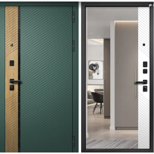 Дверь входная FlyDoors ДИЛАЙН Velluto Avocado - Velluto bianco с зеркалом